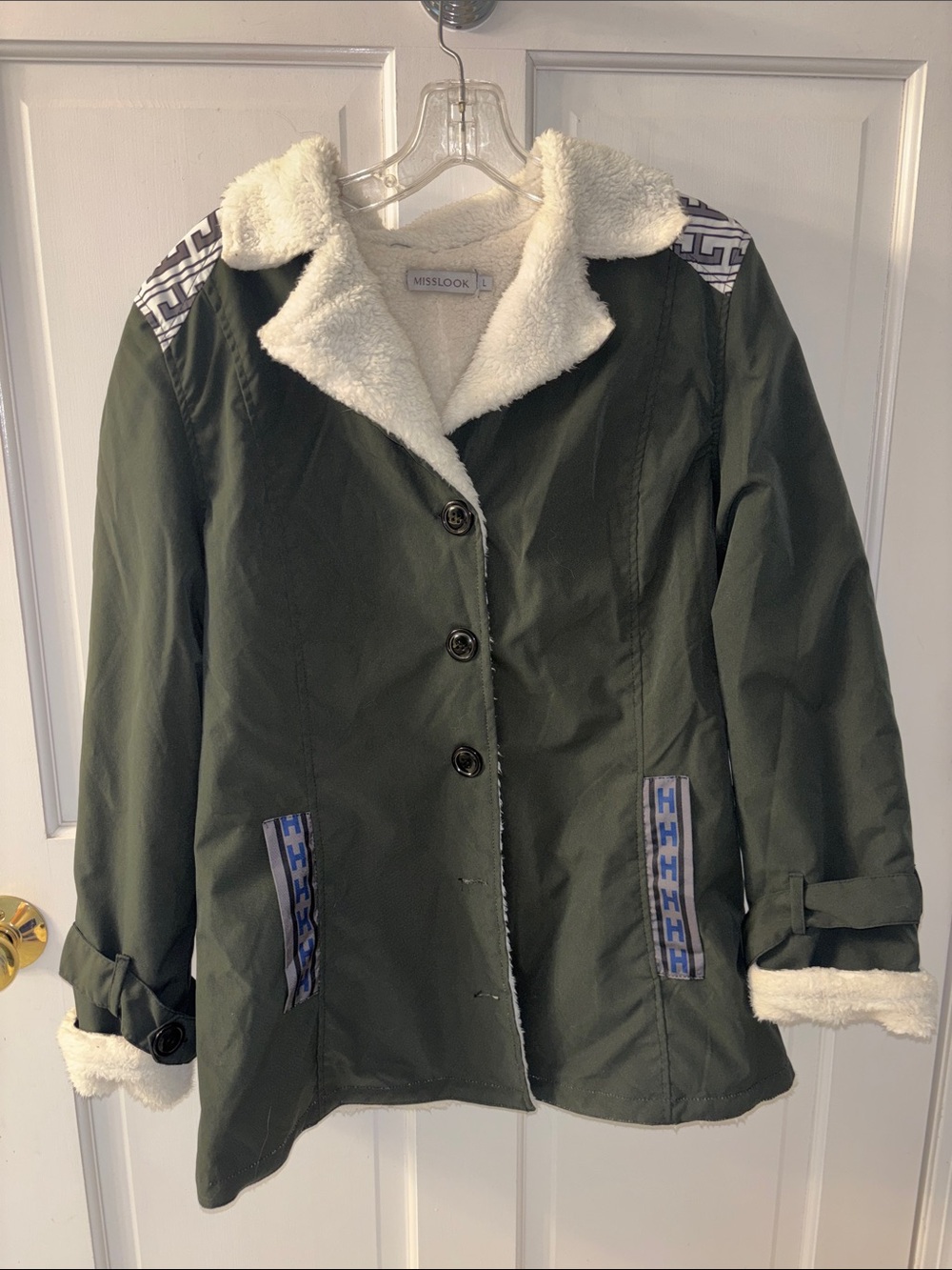 MISSLOOK Olive Green Coat with Cream Sherpa Trim